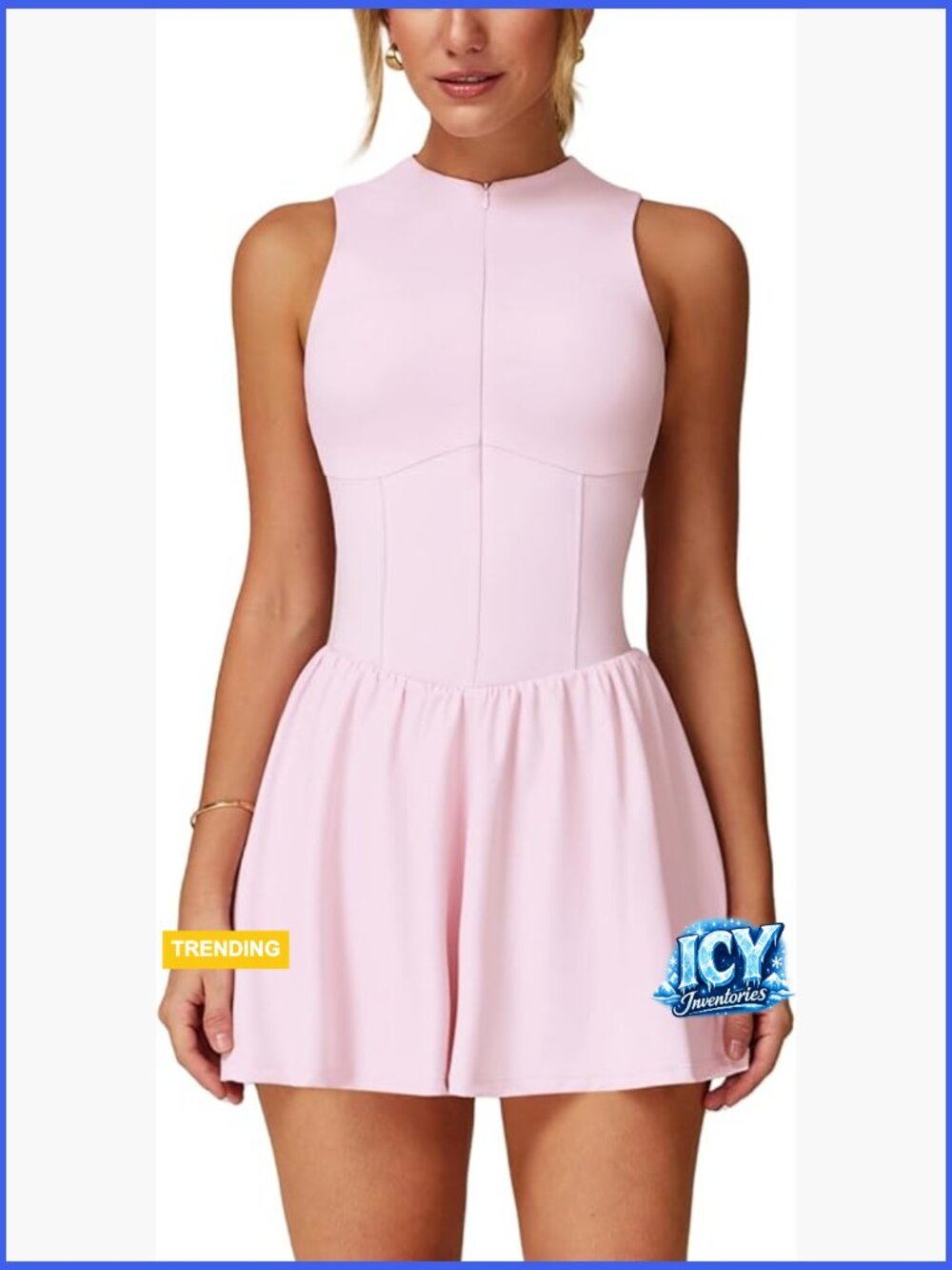 Zip Front Tennis Dress with Built-in Shorts and Pockets High Neck Sleeveless